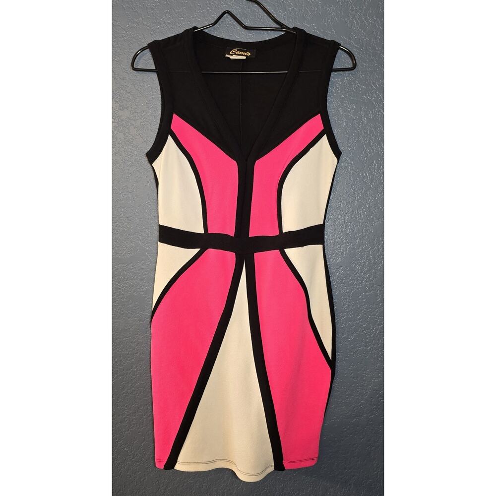 CAMEO Bodycon Sheath Mini Dress Sz L Color Block Sleeveless Textured Y2k 00s vtg